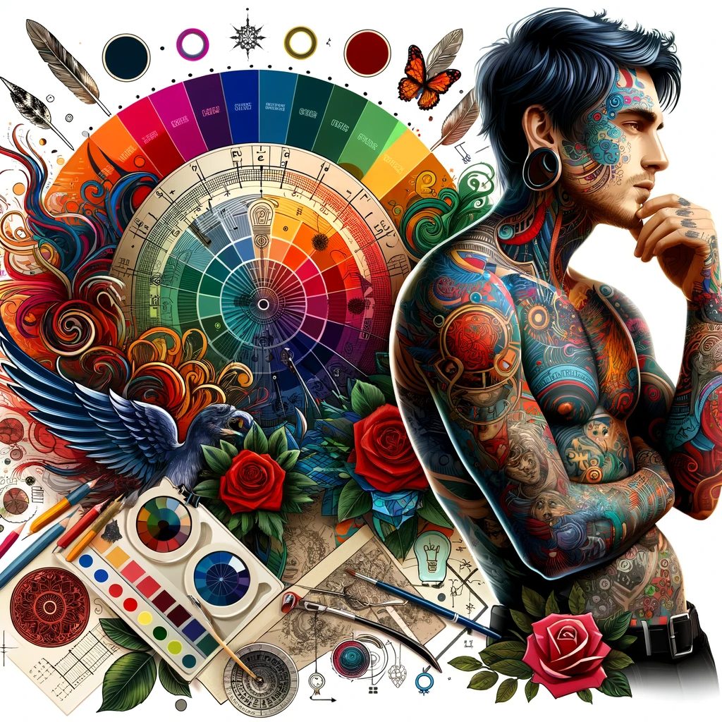 Image of a person with an intricate tattoo sleeve, featuring a mix of themes and colors, alongside a color wheel and design sketches.