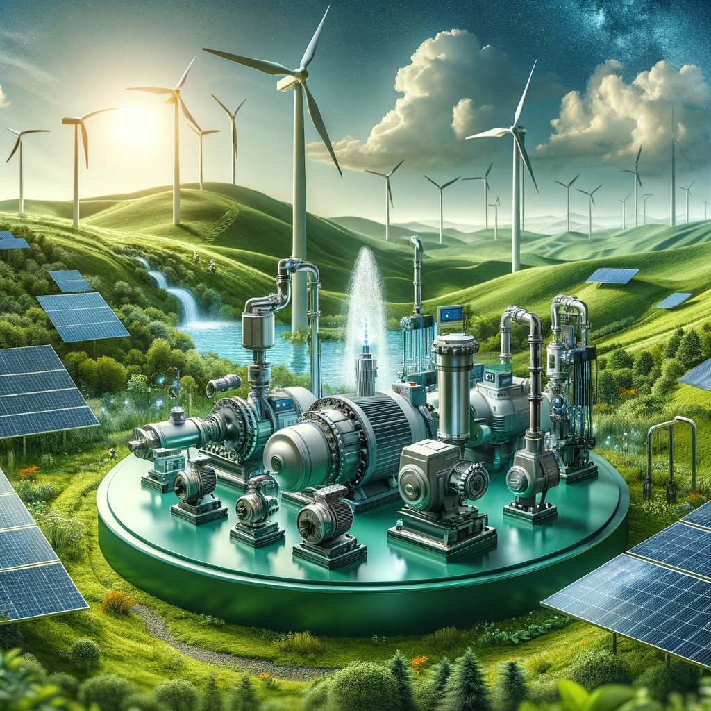 An innovative display of eco-friendly pumps in a sustainable energy landscape, featuring solar and wind-powered models amidst green surroundings.